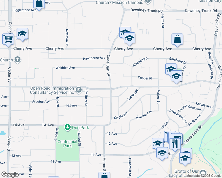 map of restaurants, bars, coffee shops, grocery stores, and more near 8226 Cade Barr Street in Mission