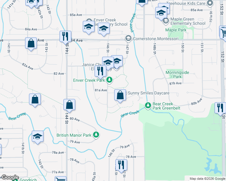 map of restaurants, bars, coffee shops, grocery stores, and more near 14621 81A Avenue in Surrey