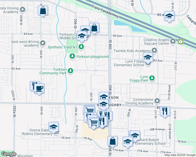 map of restaurants, bars, coffee shops, grocery stores, and more near in Langley Township