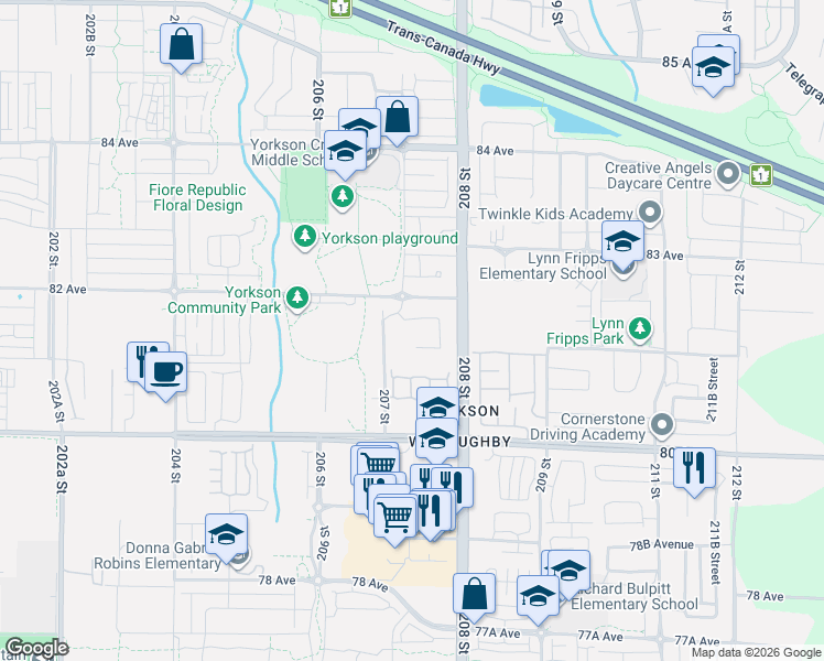 map of restaurants, bars, coffee shops, grocery stores, and more near 8150 207 Street in Langley Township