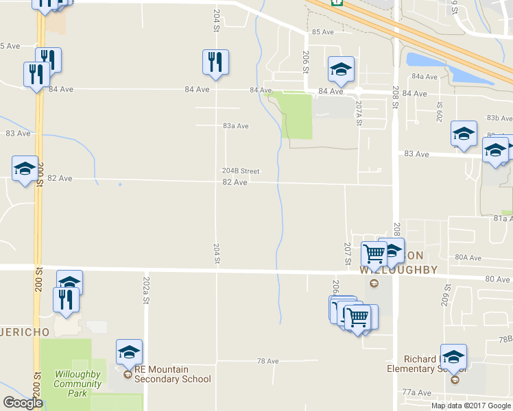 map of restaurants, bars, coffee shops, grocery stores, and more near 20498 82 Avenue in Langley Township