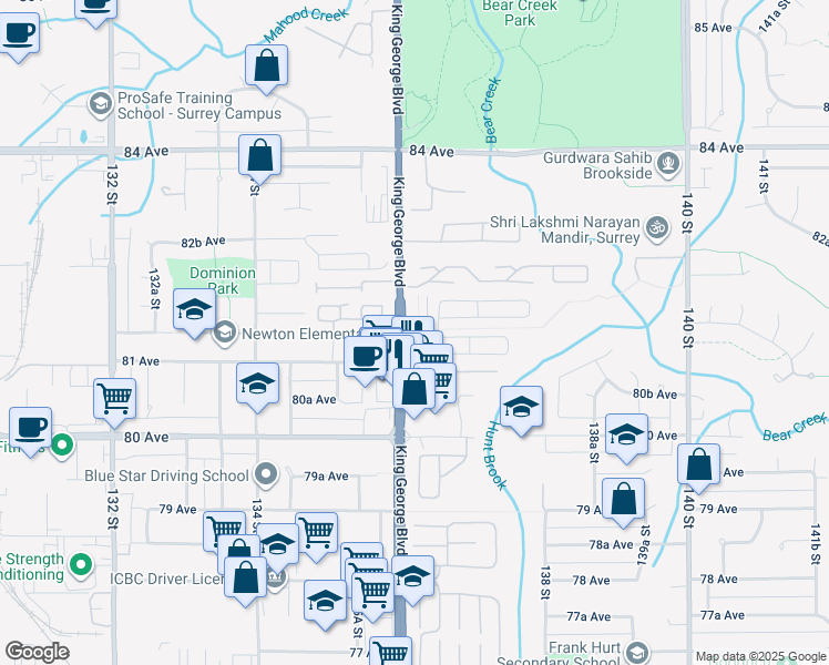 map of restaurants, bars, coffee shops, grocery stores, and more near 13628 81A Avenue in Surrey