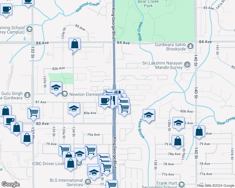 map of restaurants, bars, coffee shops, grocery stores, and more near 2 King George Boulevard in Surrey
