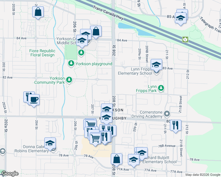 map of restaurants, bars, coffee shops, grocery stores, and more near 8150 207 Street in Langley Township