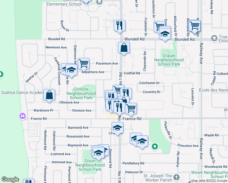 map of restaurants, bars, coffee shops, grocery stores, and more near 8520 Littlemore Place in Richmond