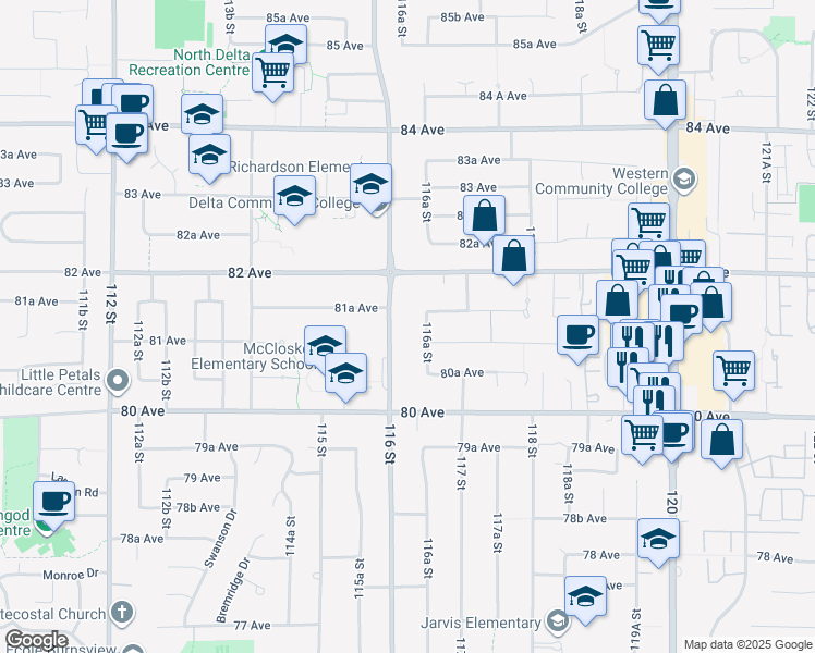 map of restaurants, bars, coffee shops, grocery stores, and more near 8132 116 Street in Delta