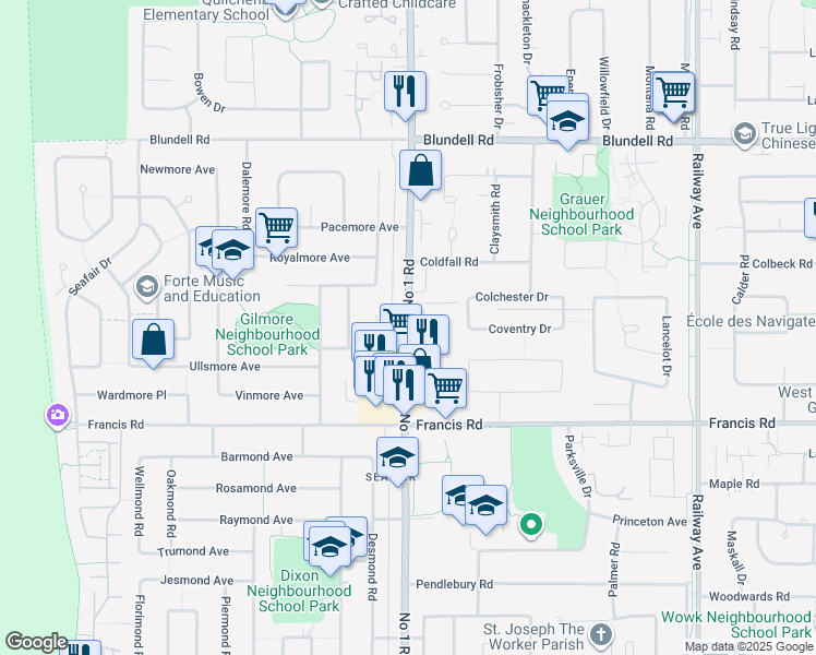map of restaurants, bars, coffee shops, grocery stores, and more near 8740 No 1 Rd in Richmond