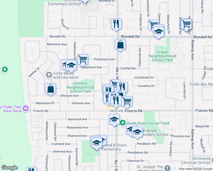 map of restaurants, bars, coffee shops, grocery stores, and more near 8511 Littlemore Place in Richmond