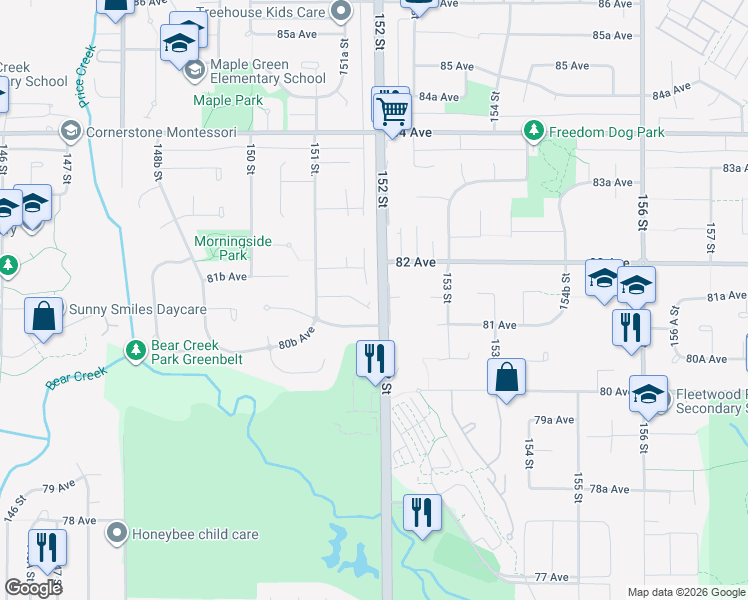 map of restaurants, bars, coffee shops, grocery stores, and more near 8149 152 Street in Surrey