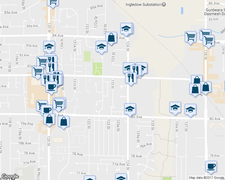 map of restaurants, bars, coffee shops, grocery stores, and more near 8133 123 Street in Surrey