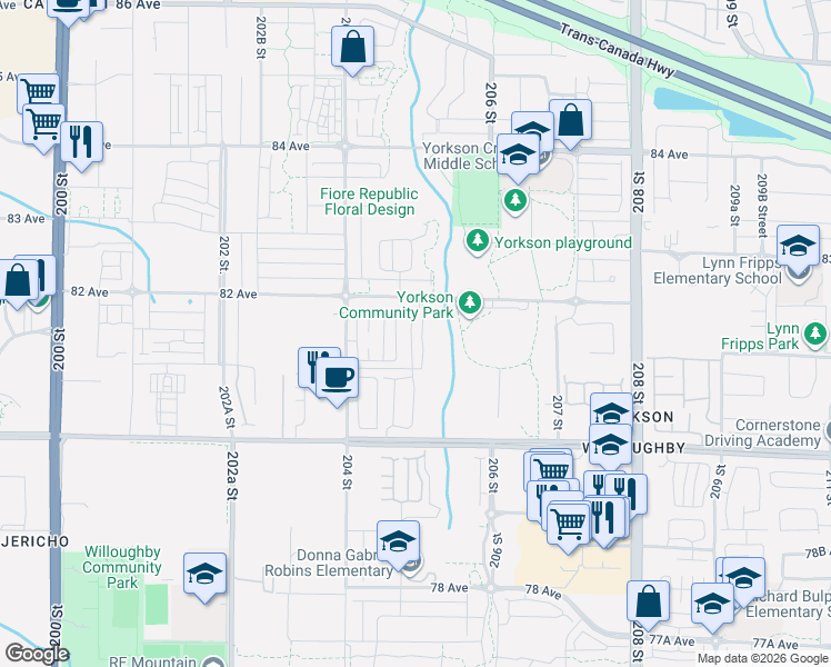 map of restaurants, bars, coffee shops, grocery stores, and more near 20498 82 Avenue in Langley Township