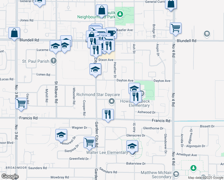 map of restaurants, bars, coffee shops, grocery stores, and more near 8613 Heather Street in Richmond