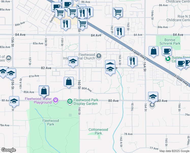 map of restaurants, bars, coffee shops, grocery stores, and more near 16080 82 Avenue in Surrey