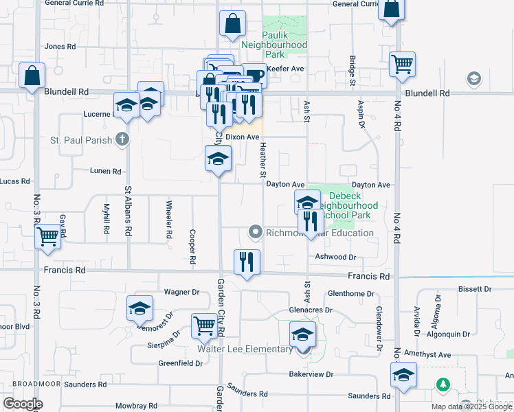 map of restaurants, bars, coffee shops, grocery stores, and more near 8613 Heather Street in Richmond