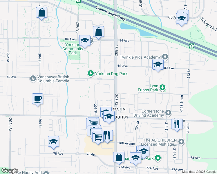 map of restaurants, bars, coffee shops, grocery stores, and more near 8150 207 Street in Langley Township