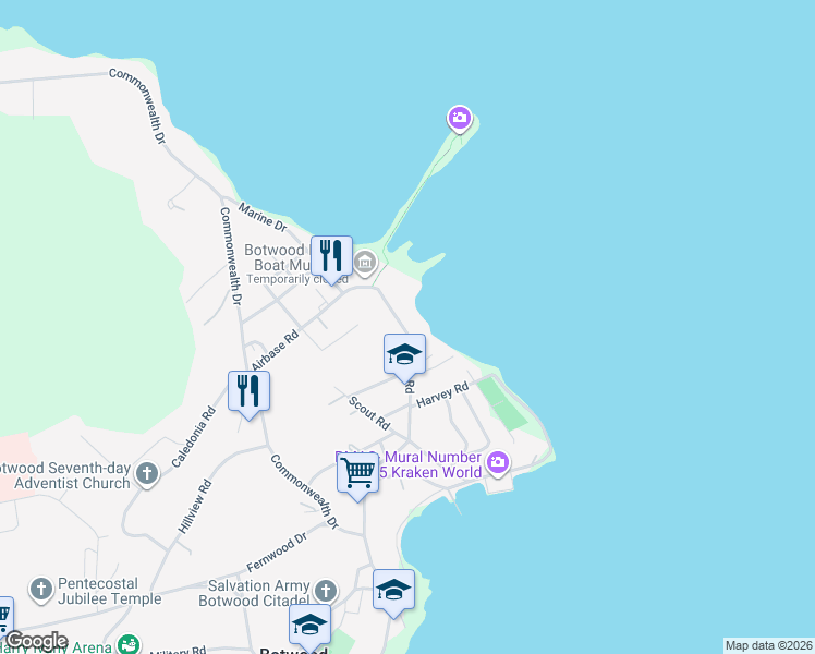 map of restaurants, bars, coffee shops, grocery stores, and more near 21 Church Road in Botwood