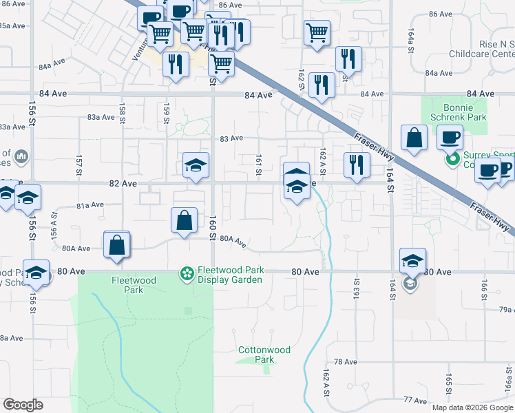map of restaurants, bars, coffee shops, grocery stores, and more near 16080 82 Avenue in Surrey