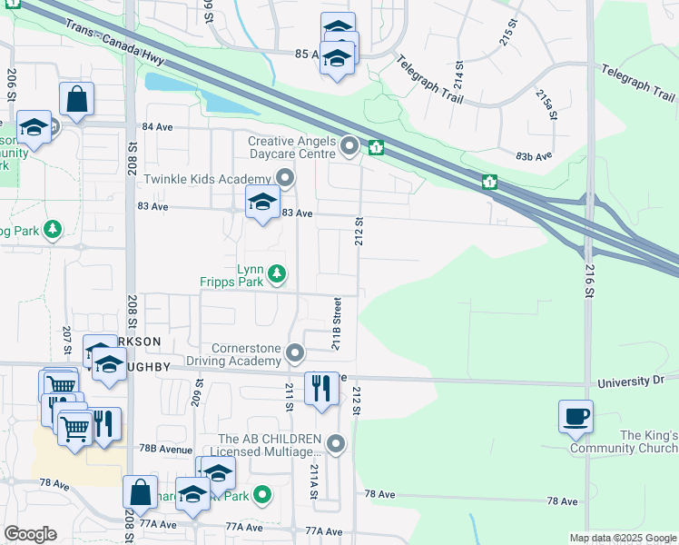 map of restaurants, bars, coffee shops, grocery stores, and more near 7850 211B Street in Langley