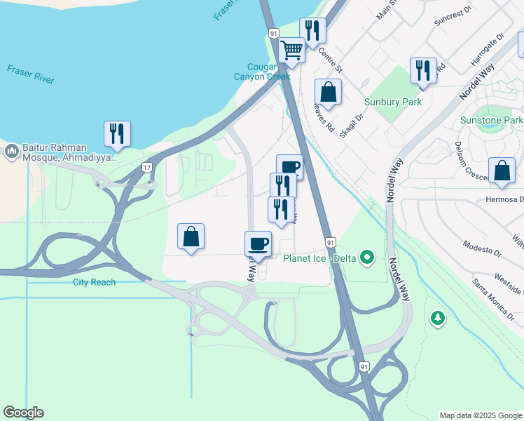 map of restaurants, bars, coffee shops, grocery stores, and more near 10118 Swenson Way in Delta