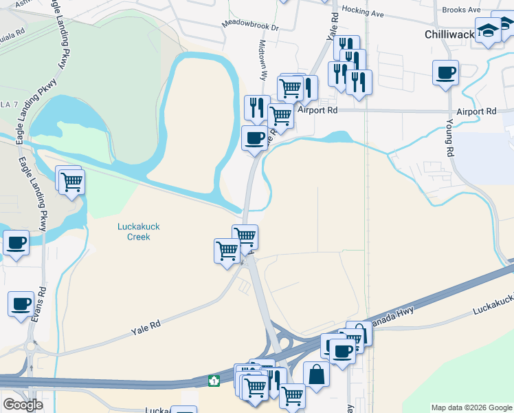 map of restaurants, bars, coffee shops, grocery stores, and more near 45506b Yale Road in Chilliwack