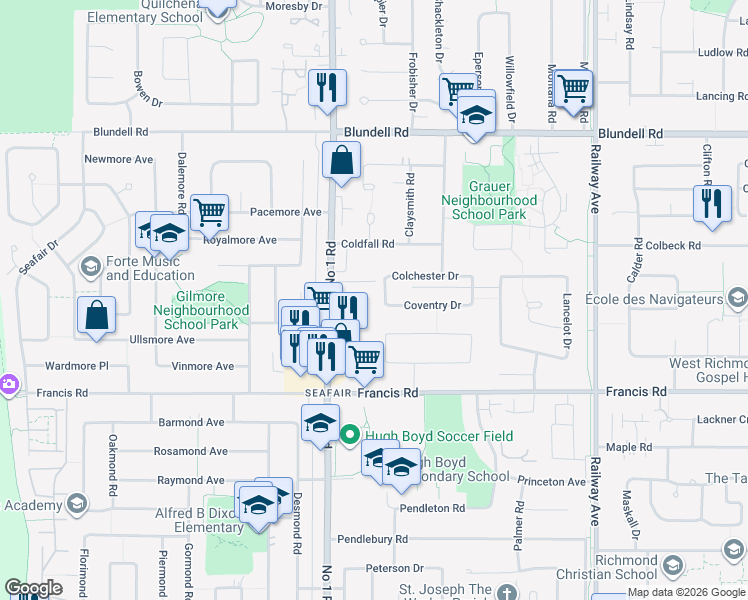 map of restaurants, bars, coffee shops, grocery stores, and more near 8740 Number 1 Road in Richmond