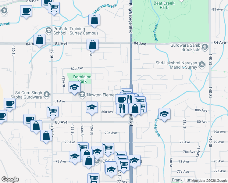 map of restaurants, bars, coffee shops, grocery stores, and more near 13507 81 Avenue in Surrey