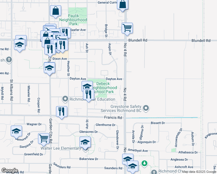 map of restaurants, bars, coffee shops, grocery stores, and more near 8611 Allison Street in Richmond