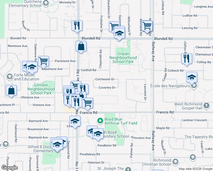 map of restaurants, bars, coffee shops, grocery stores, and more near 4391 Coventry Drive in Richmond