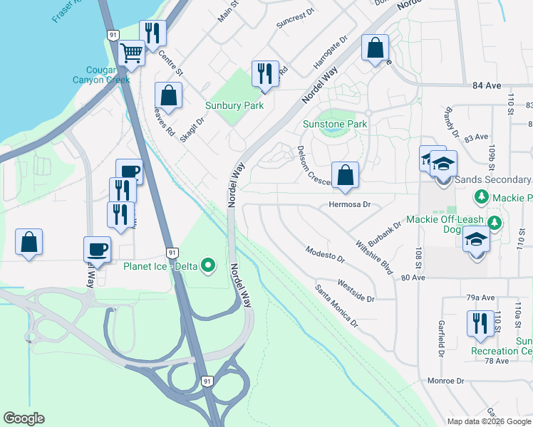 map of restaurants, bars, coffee shops, grocery stores, and more near 10421 Santa Monica Drive in Delta