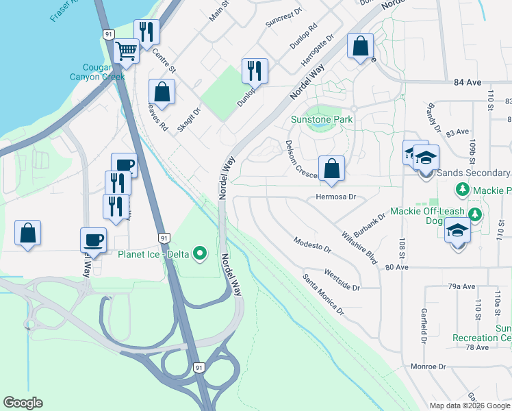 map of restaurants, bars, coffee shops, grocery stores, and more near 10421 Santa Monica Drive in Delta