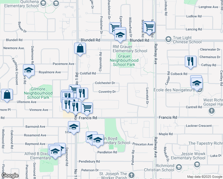 map of restaurants, bars, coffee shops, grocery stores, and more near 4451 Coventry Drive in Richmond