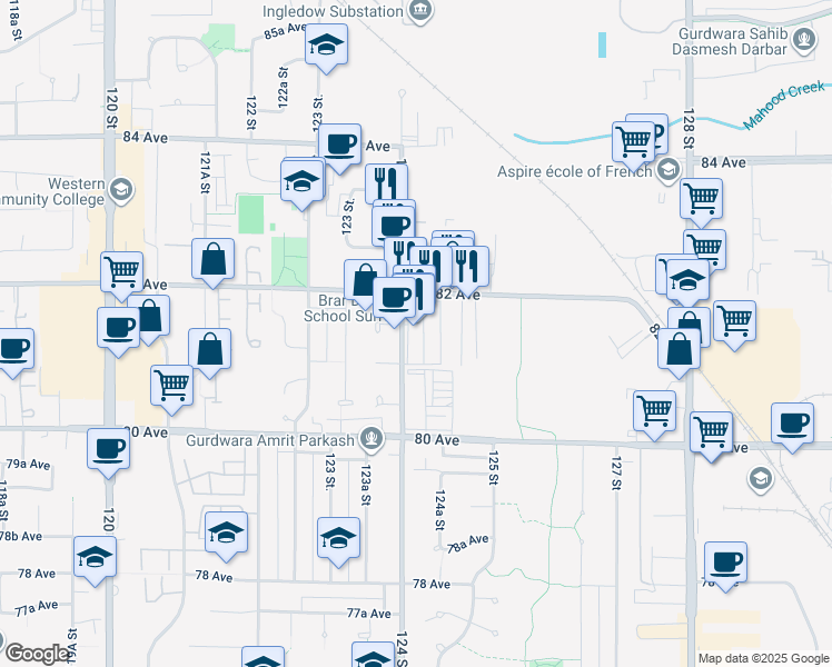 map of restaurants, bars, coffee shops, grocery stores, and more near 12414 82 Avenue in Surrey