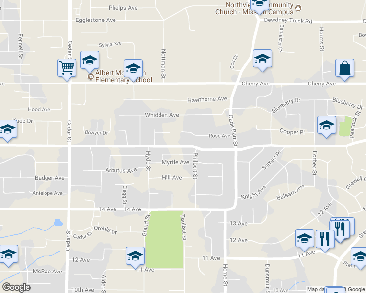 map of restaurants, bars, coffee shops, grocery stores, and more near 33160 Best Avenue in Mission