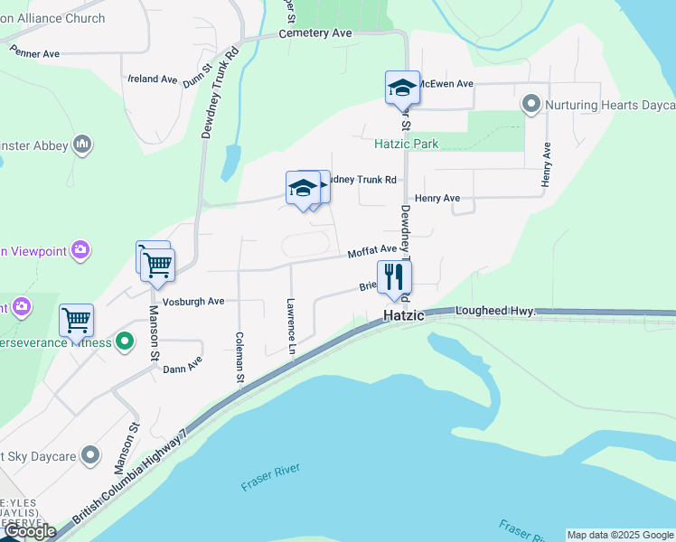 map of restaurants, bars, coffee shops, grocery stores, and more near 34850 Moffat Avenue in Mission