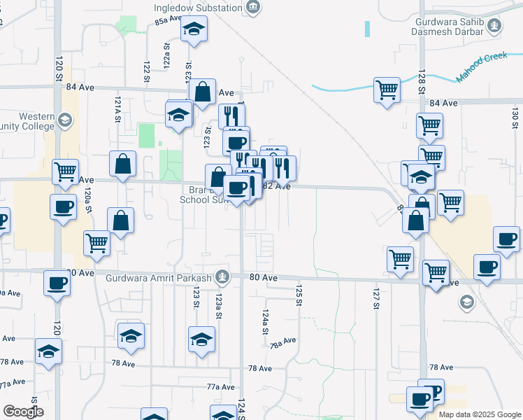map of restaurants, bars, coffee shops, grocery stores, and more near 12414 82 Avenue in Surrey