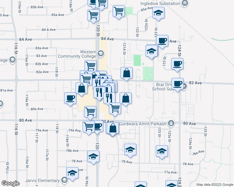 map of restaurants, bars, coffee shops, grocery stores, and more near 13905 108 Avenue in Surrey