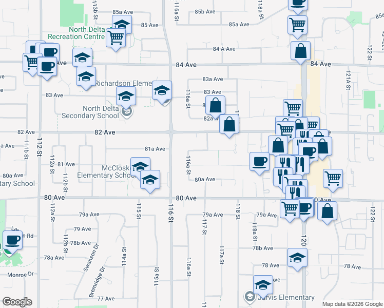 map of restaurants, bars, coffee shops, grocery stores, and more near 8144 116A Street in Delta