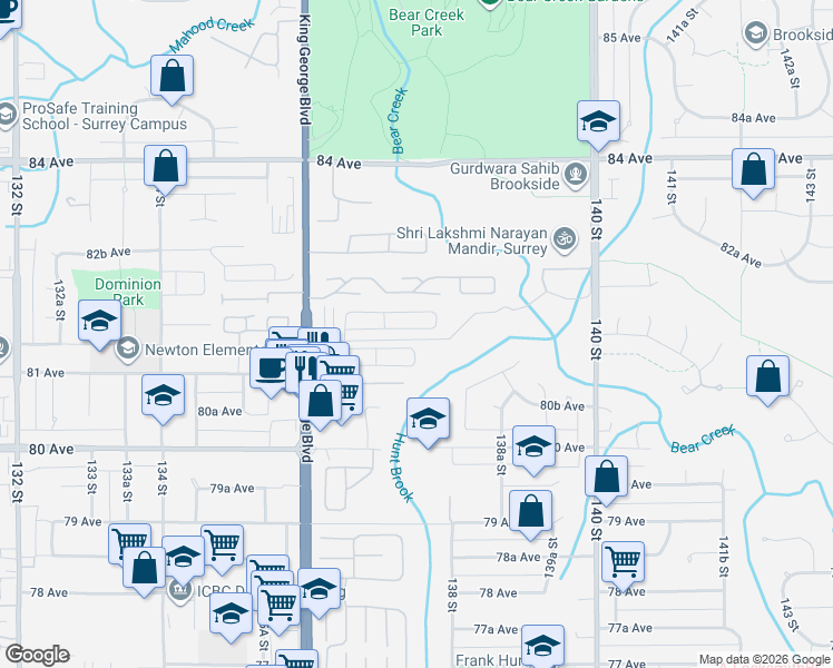 map of restaurants, bars, coffee shops, grocery stores, and more near 8168 136A Street in Surrey
