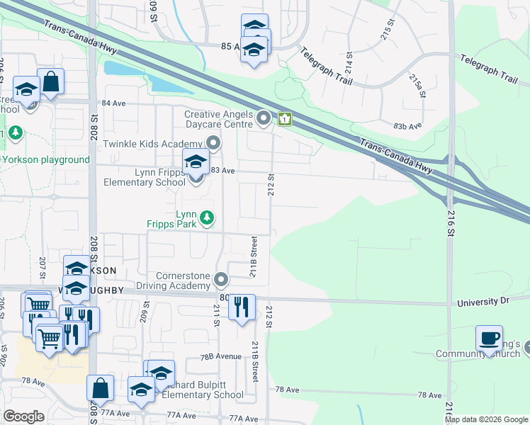 map of restaurants, bars, coffee shops, grocery stores, and more near 8179 212 Street in Langley Township