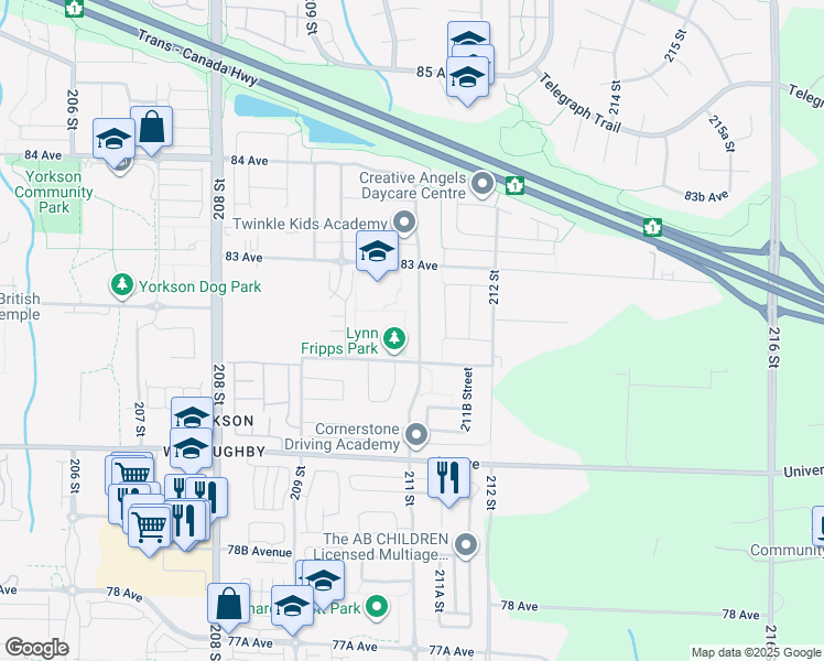 map of restaurants, bars, coffee shops, grocery stores, and more near 8181 211 Street in Langley City