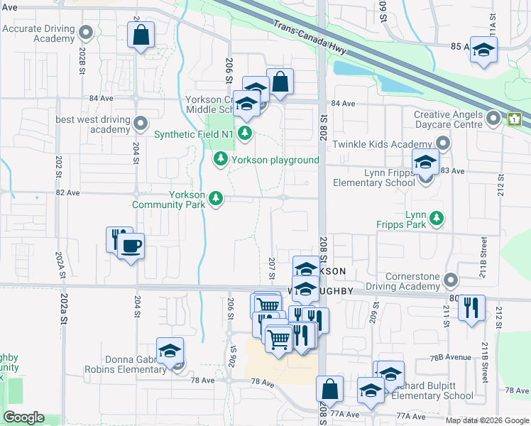 map of restaurants, bars, coffee shops, grocery stores, and more near 8157 207 Street in Langley Township