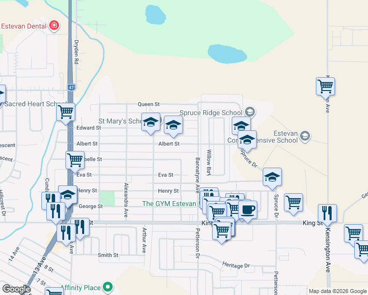 map of restaurants, bars, coffee shops, grocery stores, and more near 522 Albert Street in Estevan