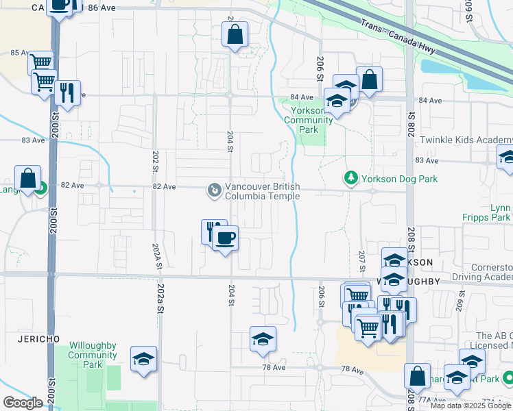 map of restaurants, bars, coffee shops, grocery stores, and more near 8138 204 Street in Langley Township