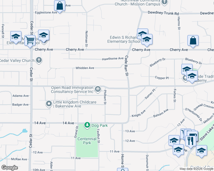 map of restaurants, bars, coffee shops, grocery stores, and more near 33209 Best Avenue in Mission