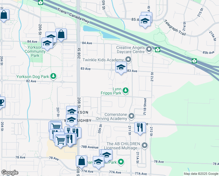 map of restaurants, bars, coffee shops, grocery stores, and more near 8250 209B Street in Langley Township