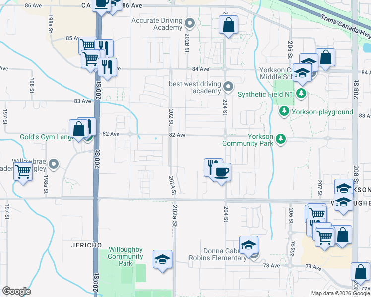 map of restaurants, bars, coffee shops, grocery stores, and more near 20152 82 Avenue in Langley Township