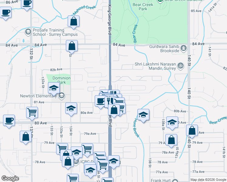map of restaurants, bars, coffee shops, grocery stores, and more near 13623 81A Avenue in Surrey