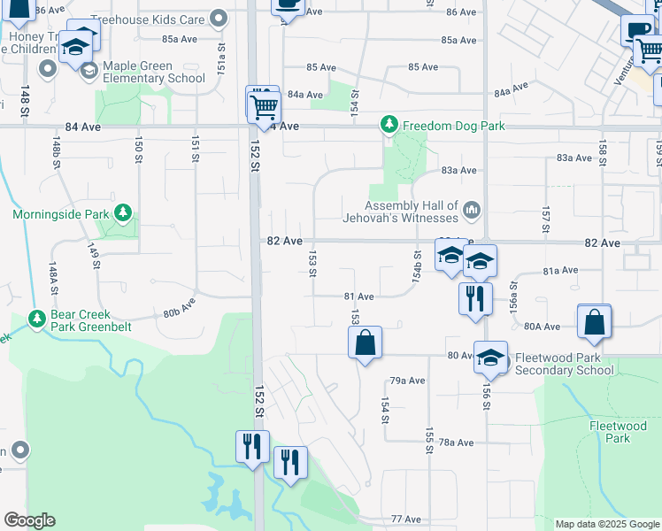 map of restaurants, bars, coffee shops, grocery stores, and more near 8169 153A Street in Surrey