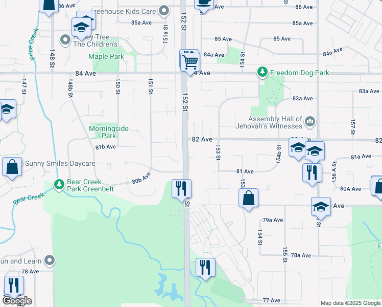 map of restaurants, bars, coffee shops, grocery stores, and more near 8158 152 Street in Surrey