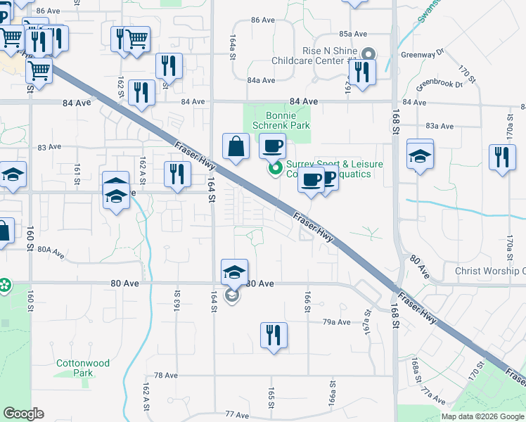map of restaurants, bars, coffee shops, grocery stores, and more near 16525 Watson Drive in Surrey